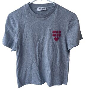 Miu Miu Womens Grey Cotton T-Shirt With Red Logo & Heart Embroidery Made In Ital